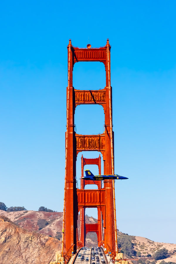 Blue Angels Single Jet Flys past the Golden Gate Bridge Framed Print