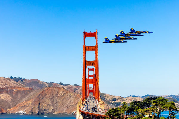 U.S. NAVY Blue Angels Flying past the San Francisco Golden Gate Bridge Framed Print