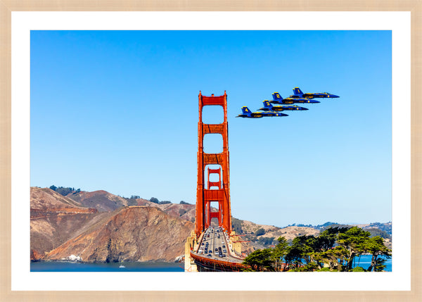 U.S. NAVY Blue Angels Flying past the San Francisco Golden Gate Bridge Framed Print