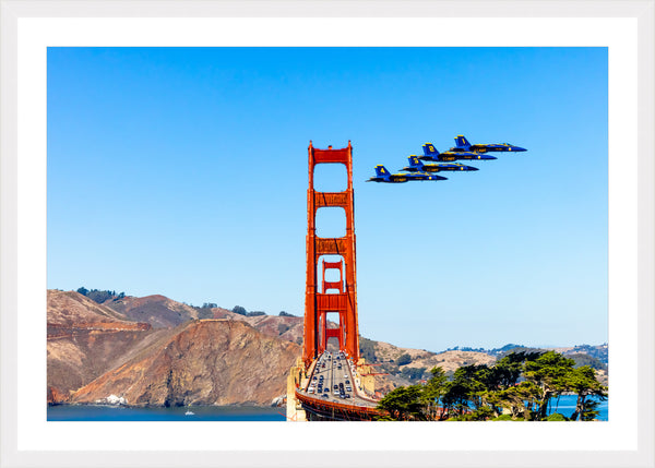 U.S. NAVY Blue Angels Flying past the San Francisco Golden Gate Bridge Framed Print