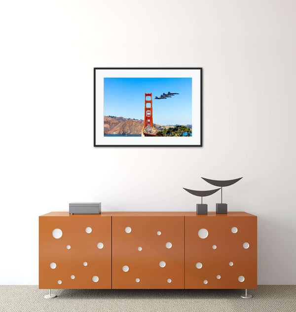 U.S. NAVY Blue Angels Flying past the San Francisco Golden Gate Bridge Framed Print