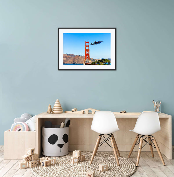 U.S. NAVY Blue Angels Flying past the San Francisco Golden Gate Bridge Framed Print