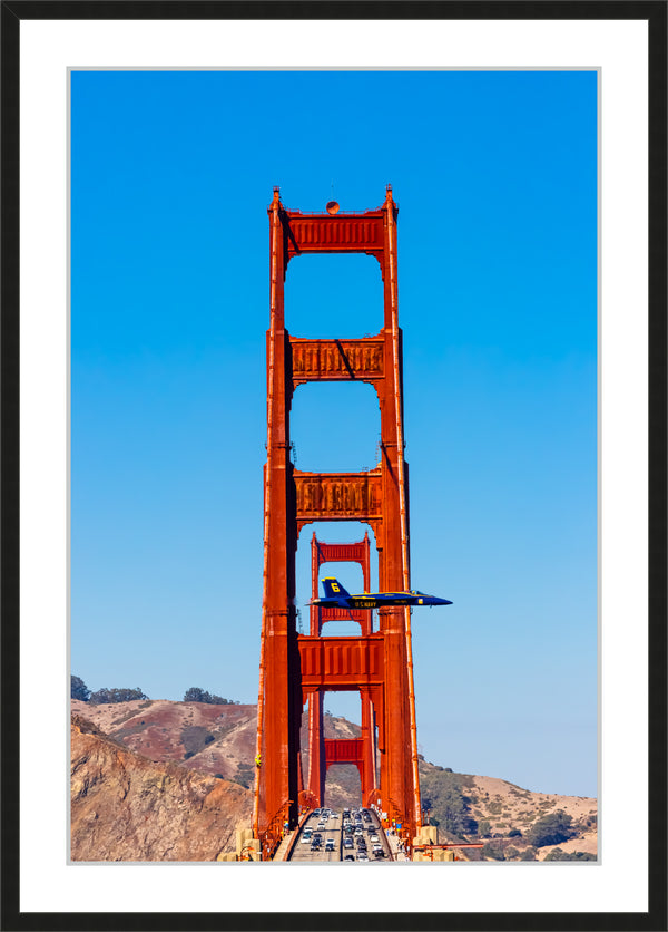 Blue Angels Single Jet Flys past the Golden Gate Bridge Framed Print