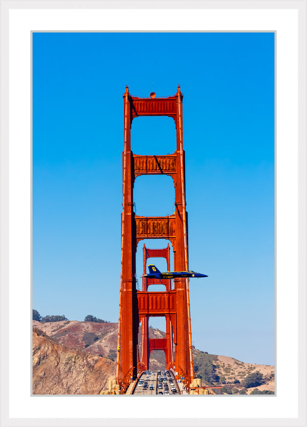 Blue Angels Single Jet Flys past the Golden Gate Bridge Framed Print