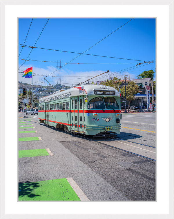 Historic F Train with the Pride Flag in the background Framed Wall Art